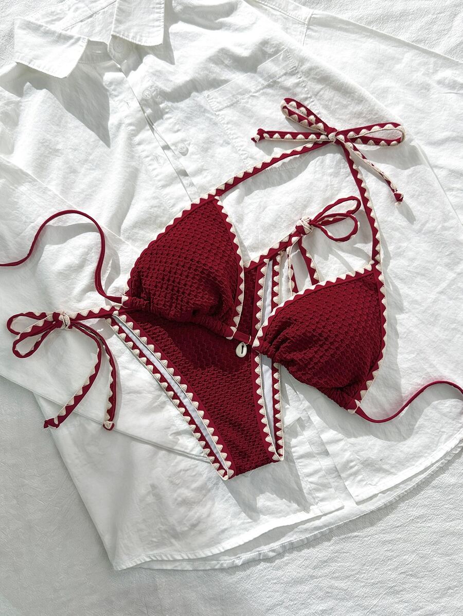 Swim Mod Women's Summer/Fall Solid Color Jacquard Fabric Ruffle Edge Adjustable Strap 2 Pieces Bikini Set Going Out - Red - View 1