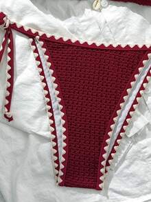 Swim Mod Women's Summer/Fall Solid Color Jacquard Fabric Ruffle Edge Adjustable Strap 2 Pieces Bikini Set Going Out - Red - View 5