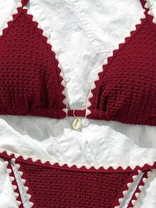 Swim Mod Women's Summer/Fall Solid Color Jacquard Fabric Ruffle Edge Adjustable Strap 2 Pieces Bikini Set Going Out - Red - View 6