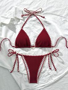 Swim Mod Women's Summer/Fall Solid Color Jacquard Fabric Ruffle Edge Adjustable Strap 2 Pieces Bikini Set Going Out - Red - View 3