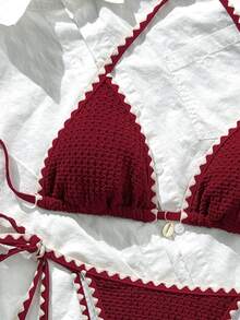 Swim Mod Women's Summer/Fall Solid Color Jacquard Fabric Ruffle Edge Adjustable Strap 2 Pieces Bikini Set Going Out - Red - View 4