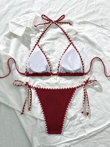 Swim Mod Women's Summer/Fall Solid Color Jacquard Fabric Ruffle Edge Adjustable Strap 2 Pieces Bikini Set Going Out - Red - View 2