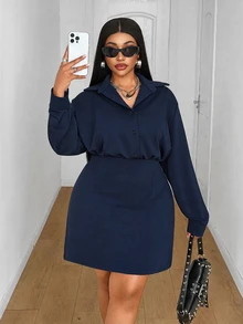 Maweii Sexy Style Lapel Single-Breasted 2 In 1 Cinched Waist Slim Fit Long Sleeve Dress - Navy Blue - View 4