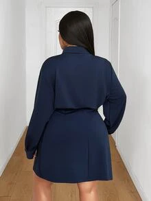 Maweii Sexy Style Lapel Single-Breasted 2 In 1 Cinched Waist Slim Fit Long Sleeve Dress - Navy Blue - View 6