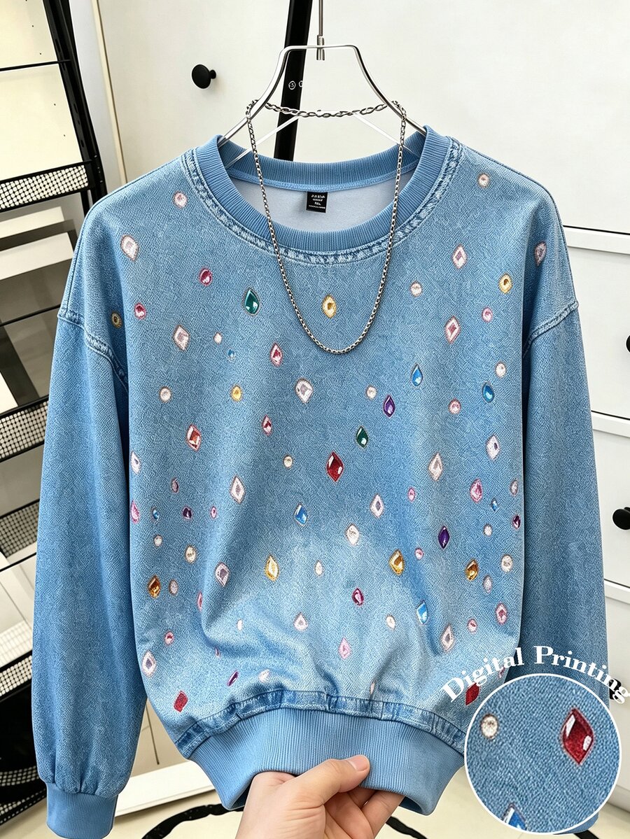 GlowEve CURVE Spring/Autumn Denim Effect Effect Diamond Digital Print Commuter Casual Elegant Luxurious Plus Size Sweatshirt Fall - Blue - View 1
