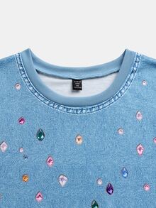 GlowEve CURVE Spring/Autumn Denim Effect Effect Diamond Digital Print Commuter Casual Elegant Luxurious Plus Size Sweatshirt Fall - Blue - View 5