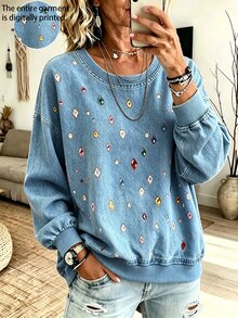 GlowEve CURVE Spring/Autumn Denim Effect Effect Diamond Digital Print Commuter Casual Elegant Luxurious Plus Size Sweatshirt Fall - Blue - View 4