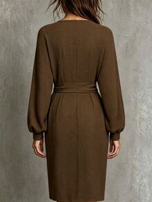 SHEIN Solid Surplice Neck Lantern Sleeve Wrap Hem Midi Dress Office Brunch Dark Brown Autumn Elegant - Dark Brown - View 2
