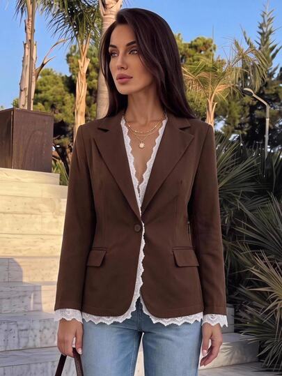 KARISMINA Brown Single Button Lace Trim Flap Pocket Slim Fit Blazer,Afternoon Tea,Classic Elegant,Elegant,Winter Jacket,New Year Outfit,Country Concert Outfit