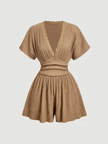 SHEIN MOD Women's Solid Color Deep V-Neck Casual Versatile Daily Wear Short Sleeve Jumpsuit - Khaki - View 2