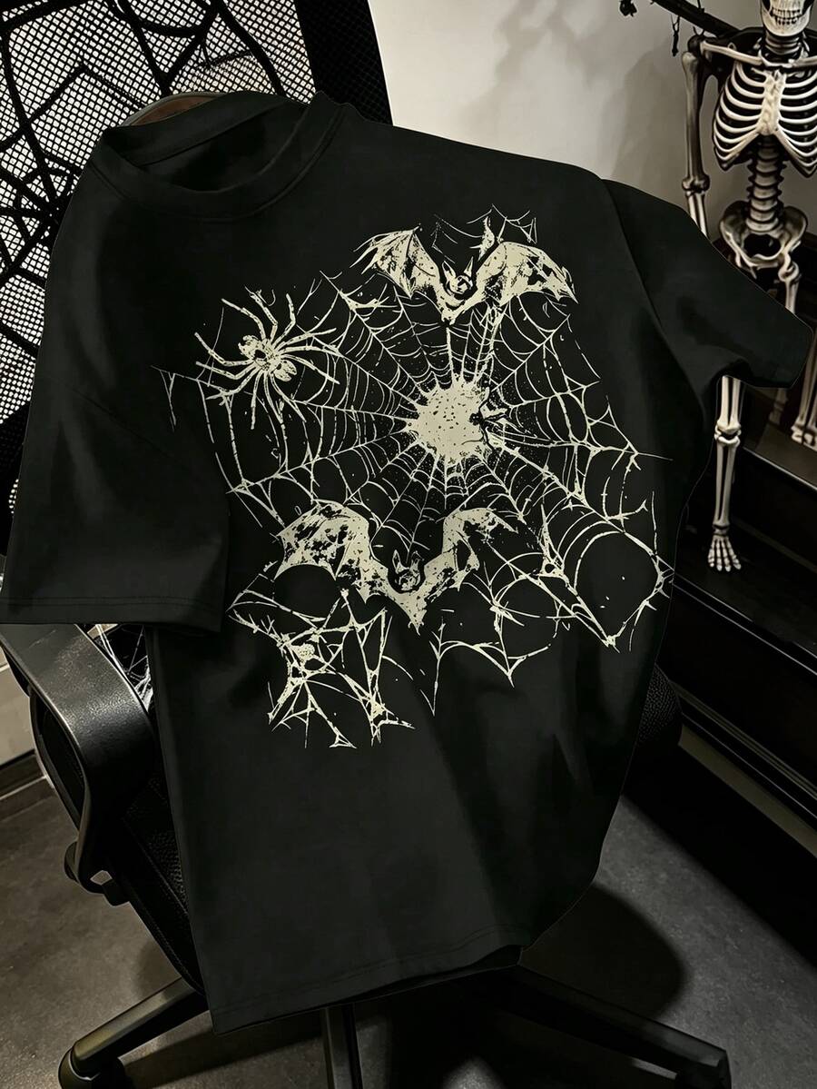 IslaSuriya Halloween Round Neck Short Sleeve Spider Web & Bat Print Men's Plus Size T-Shirt - Black - View 1