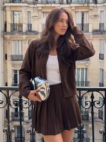 Selianne Spring/Autumn Knit 2 Pieces Set Round Neck Single-Breasted Cardigan Pleated Mini Skirt French Preppy Women's Sweater Set Brunch Dark Brown - Chocolate Brown - View 3