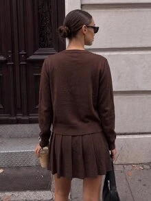 Selianne Spring/Autumn Knit 2 Pieces Set Round Neck Single-Breasted Cardigan Pleated Mini Skirt French Preppy Women's Sweater Set Brunch Dark Brown - Chocolate Brown - View 2