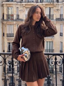 Selianne Spring/Autumn Knit 2 Pieces Set Round Neck Single-Breasted Cardigan Pleated Mini Skirt French Preppy Women's Sweater Set Brunch Dark Brown - Chocolate Brown - View 4