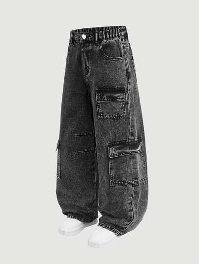 SHEIN Tween Boys' Denim Long Pants, Summer, Soft, Cotton, Casual Streetwear, Cargo Multi-Pocket Design, Loose Straight Leg, Grey Washed, Holiday School