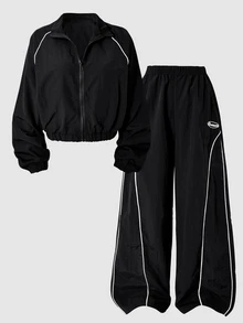 SHEIN Tween Girls Fall Outfits Fall 2pcs/Set Two Pieces Stylish Casual Athletic Black Stand-Up Collar Jacket And Trousers Set, Chic - Black - View 9