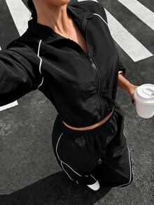 SHEIN Tween Girls Fall Outfits Fall 2pcs/Set Two Pieces Stylish Casual Athletic Black Stand-Up Collar Jacket And Trousers Set, Chic - Black - View 8
