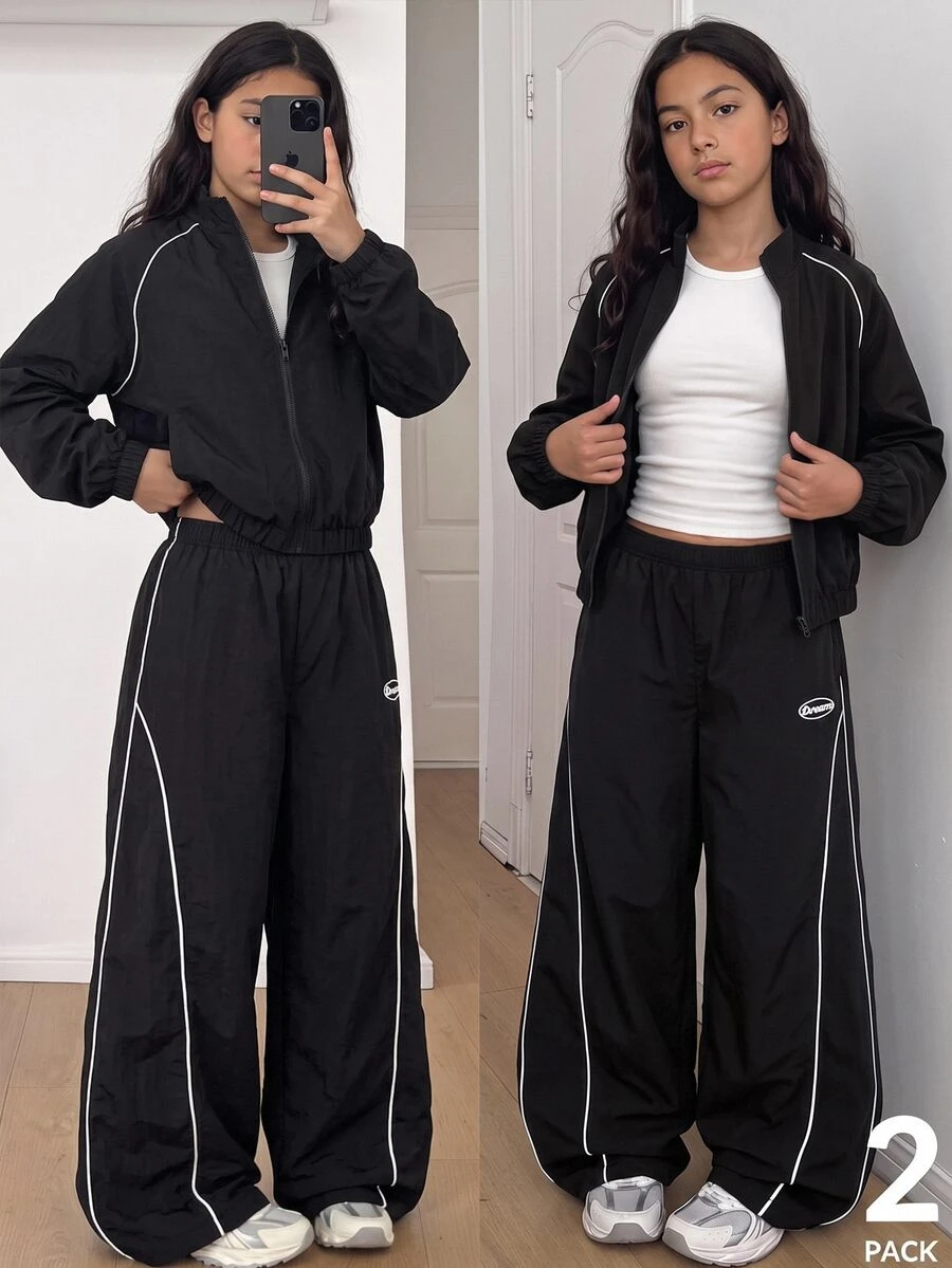 SHEIN Tween Girls Fall Outfits Fall 2pcs/Set Two Pieces Stylish Casual Athletic Black Stand-Up Collar Jacket And Trousers Set, Chic