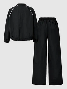 SHEIN Tween Girls Fall Outfits Fall 2pcs/Set Two Pieces Stylish Casual Athletic Black Stand-Up Collar Jacket And Trousers Set, Chic - Black - View 3