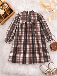 SHEIN 女童秋季格紋寬鬆長袖洋裝，彈性袖口、後背鈕扣開合，學院風仙女公主風，棕色，感恩節生日禮物 - 棕色 - 查看 2