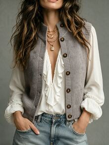 SHEIN Chaleco de punto con botones delanteros - Gris - Ver 1