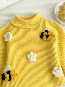 SHEIN Vintaside Kids 女童休閒時尚可愛花卉與蜜蜂圖案尖擺高領針織毛衣＋針織寬腿褲 2 件套，柔軟舒適，適合日常穿著、外出、旅行、度假、托兒所與玩耍 - 彩色 - 查看 5
