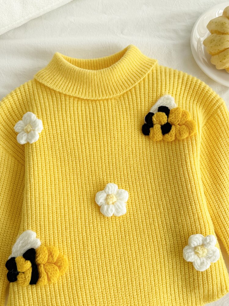 SHEIN Vintaside Kids Young Girls Sweater Co-Ords Casual Fashion Cute Floral & Bee Design Pointed Hem High Neck Knitted Sweater + Knitted Wide Leg Pants 2 Pieces Set Soft Comfortable Suitable For Daily Wear, Outings, Travel, Vacation, Daycare, And Play - Multicolor - View 5