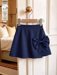 SHEIN Girls' Autumn/Winter Basic Navy Blue Skirt With Exquisite 3D Bowknot, Suitable For School, Outings, Shopping And More Occasions - Navy Blue - View 2