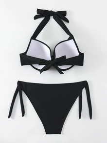SHEIN Swim مجموعة بيكيني ربطة عنق ملتوية بلون سادة، بيكيني سلسلة للسباحة ملابس الاستحمام مجموعة للشاطئ في العطلة الصيفية - الأسود - مشاهدة 2