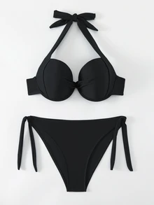 SHEIN Swim مجموعة بيكيني ربطة عنق ملتوية بلون سادة، بيكيني سلسلة للسباحة ملابس الاستحمام مجموعة للشاطئ في العطلة الصيفية - الأسود - مشاهدة 1