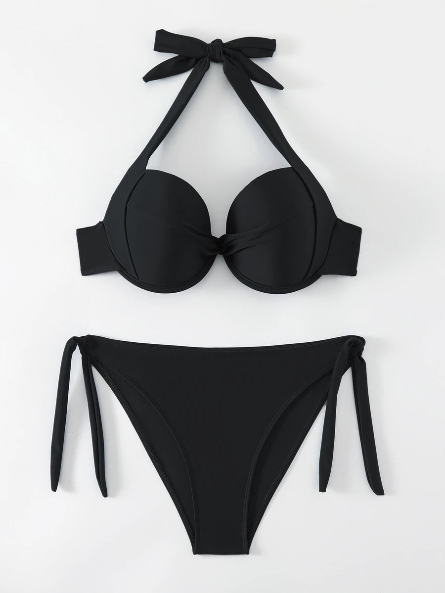 SHEIN Swim مجموعة بيكيني ربطة عنق ملتوية بلون سادة، بيكيني سلسلة للسباحة ملابس الاستحمام مجموعة للشاطئ في العطلة الصيفية - الأسود - مشاهدة 1