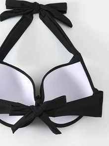 SHEIN Swim مجموعة بيكيني ربطة عنق ملتوية بلون سادة، بيكيني سلسلة للسباحة ملابس الاستحمام مجموعة للشاطئ في العطلة الصيفية - الأسود - مشاهدة 4