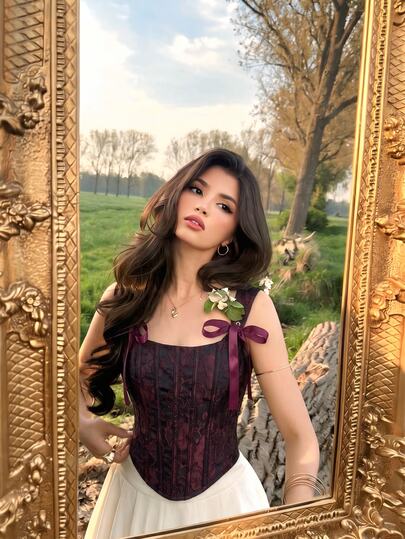 SHEIN MOD ملابس علوية كورسيه عظمية مستوحاة من الطراز القديم مع تطريز زهري وزخارف شرائط، كورسيه مع أحزمة، بلوزات كورسيه للنساء، ملابس علوية هالوين