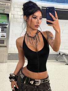 StreetHx Zipper Elastic Drawstring Halter Neck Women's Tank Top Halloween Night Out Going Out Black Summer Sexy - Black - View 5