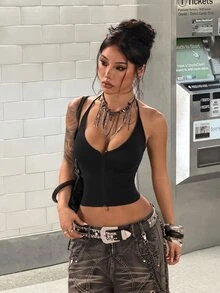 StreetHx Zipper Elastic Drawstring Halter Neck Women's Tank Top Halloween Night Out Going Out Black Summer Sexy - Black - View 3