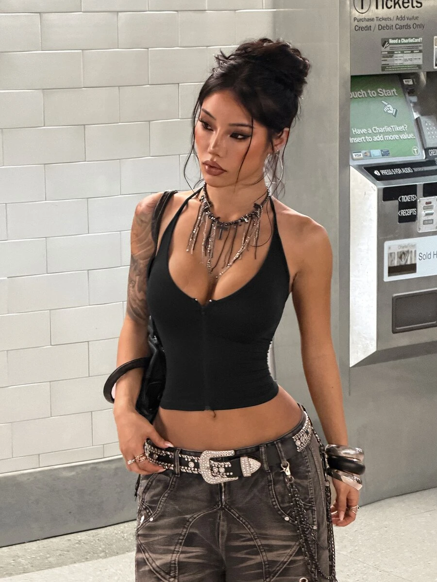 StreetHx Zipper Elastic Drawstring Halter Neck Women's Tank Top Halloween Night Out Night Club Going Out Black Summer Sexy - Black - View 1
