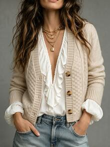 SHEIN Women's Drop Shoulder Long Sleeve Single-Breasted Casual Knit Cardigan - Khaki - View 1