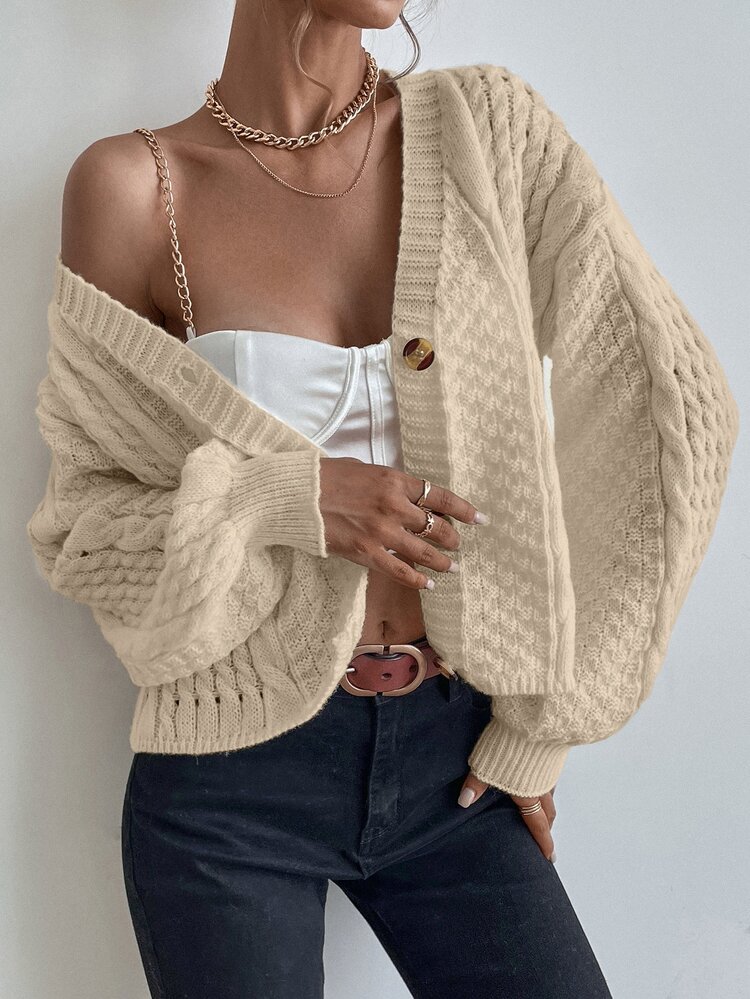 SHEIN Cardigan Rajut Kasual Wanita Lengan Panjang dengan Model Bahu Jatuh dan Kancing Tunggal - Khaki - View 7