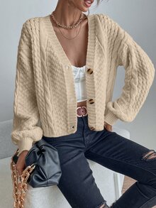 SHEIN Women's Drop Shoulder Long Sleeve Single-Breasted Casual Knit Cardigan - Khaki - View 4