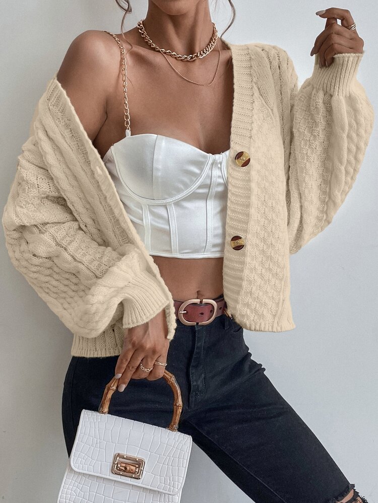 SHEIN Cardigan Rajut Kasual Wanita Lengan Panjang dengan Model Bahu Jatuh dan Kancing Tunggal - Khaki - View 5