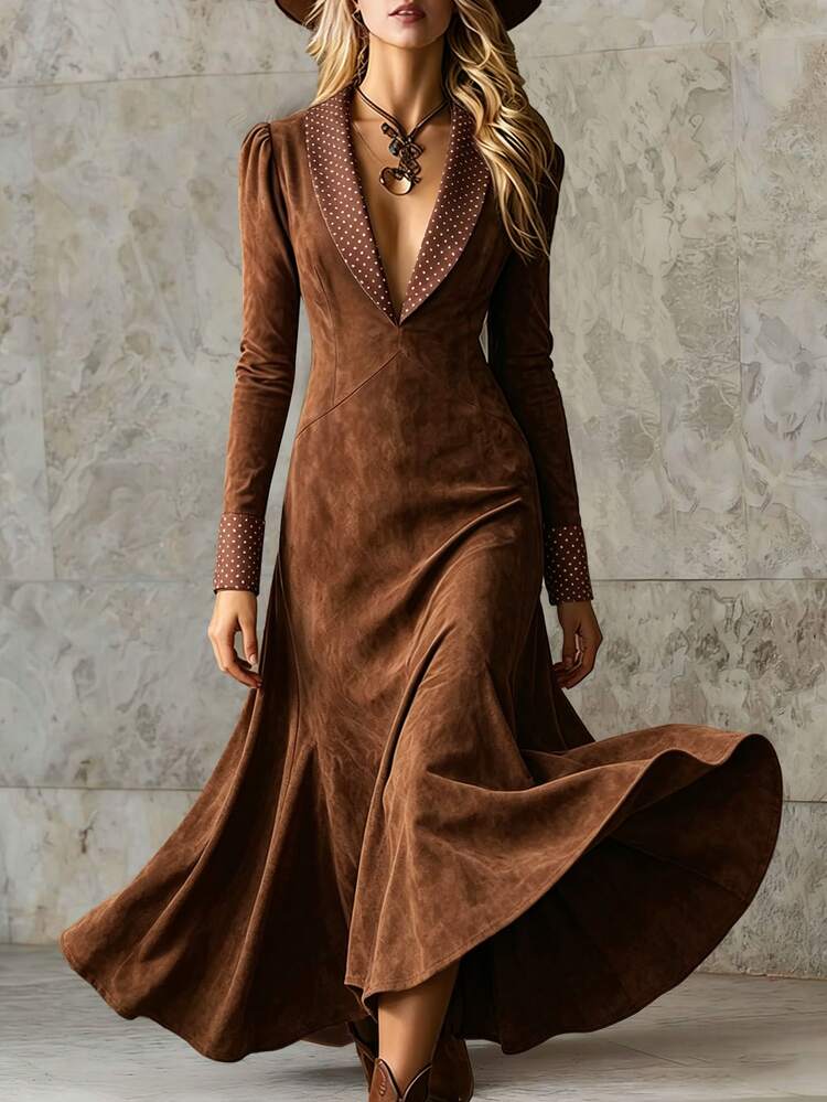 LUMIGAL Lady's Elegant Autumn Long Dress - Coffee Brown - View 1
