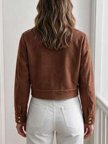 Flora Isola Flora Isola Women's Autumn/Winter Casual Solid Color Fabric Button Decor Premium Loose Fit Versatile Regular Jacket, Minimalist Comfortable For Daily Commute And Outings - Brown - View 2