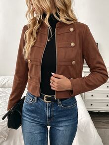 Flora Isola Flora Isola Women's Autumn/Winter Casual Solid Color Fabric Button Decor Premium Loose Fit Versatile Regular Jacket, Minimalist Comfortable For Daily Commute And Outings - Brown - View 3