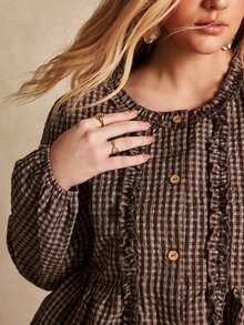 Écloséra Curve Plus Size Women's Doll Shirt, Retro 1920 Vintage Elegant Mushroom Single Button Check Long-Sleeve, Suitable For Commuting Brunch Formal Brown Autumn - Brown - View 4