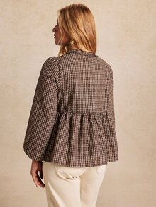 Écloséra Curve Plus Size Women's Doll Shirt, Retro 1920 Vintage Elegant Mushroom Single Button Check Long-Sleeve, Suitable For Commuting Brunch Formal Brown Autumn - Brown - View 2