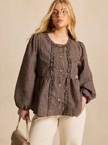 Écloséra Curve Plus Size Women's Doll Shirt, Retro 1920 Vintage Elegant Mushroom Single Button Check Long-Sleeve, Suitable For Commuting Brunch Formal Brown Autumn - Brown - View 5