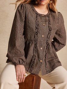 Écloséra Curve Plus Size Women's Doll Shirt, Retro 1920 Vintage Elegant Mushroom Single Button Check Long-Sleeve, Suitable For Commuting Brunch Formal Brown Autumn - Brown - View 7