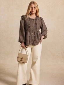 Écloséra Curve Plus Size Women's Doll Shirt, Retro 1920 Vintage Elegant Mushroom Single Button Check Long-Sleeve, Suitable For Commuting Brunch Formal Brown Autumn - Brown - View 6