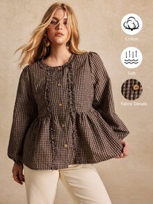 Écloséra Curve Plus Size Women's Doll Shirt, Retro 1920 Vintage Elegant Mushroom Single Button Check Long-Sleeve, Suitable For Commuting Brunch Formal Brown Autumn - Brown - View 3