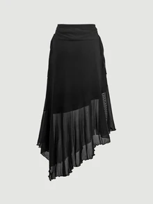 SHEIN MOD 女款黑色網紗不對稱下擺裙，時尚飄逸，附抽褶腰帶，適合休閒穿著，萬聖節半長洋裝 - 黑色 - 查看 4